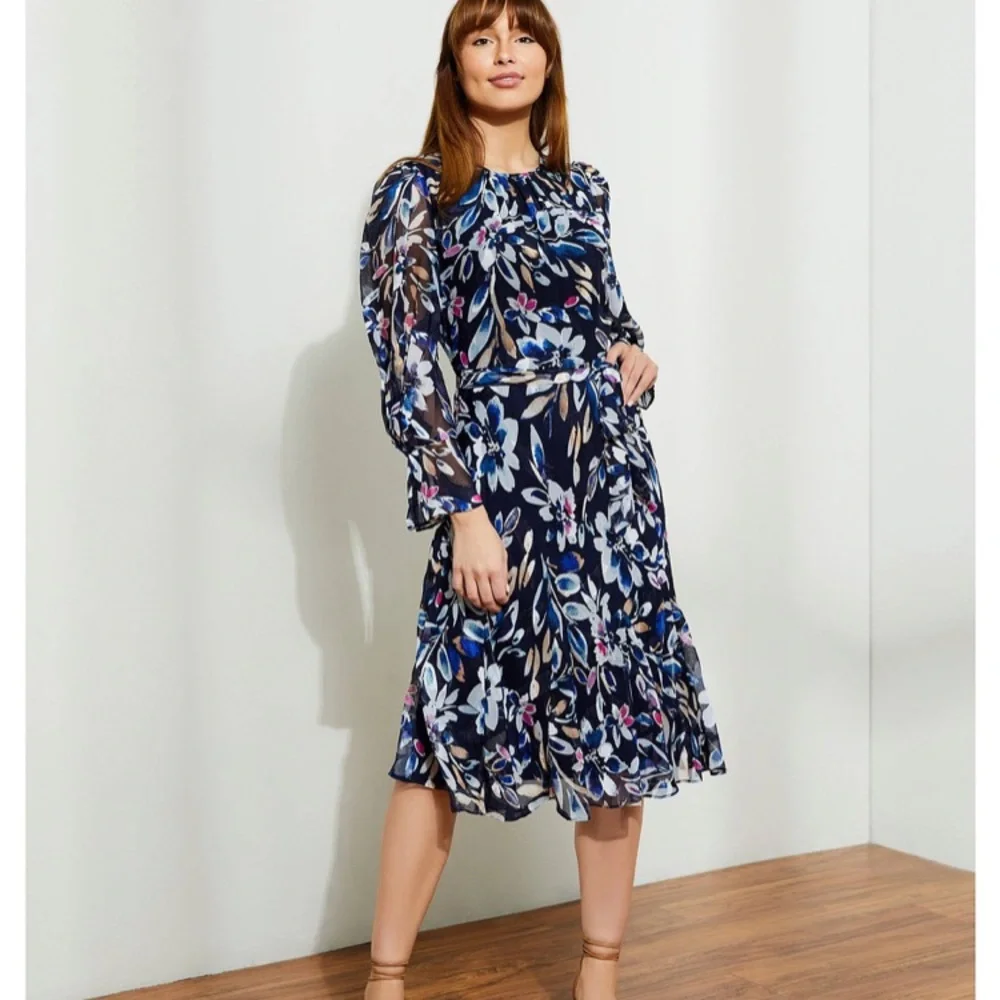 DKNY Floral Long Sheer Sleeve A Line Midi Modest Belted Dress 2 Navy - Picture 3 of 13
